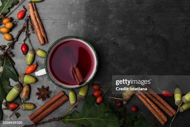 autumnal still life with mulled wine - tea hot drink - fotografias e filmes do acervo