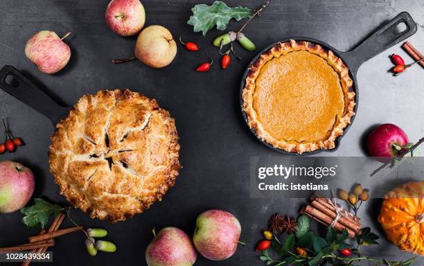 pumpkin pie and apple pie, thanksgiving day - american pie stockfoto's en -beelden