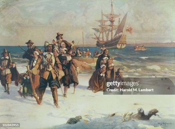 The Pilgrim Fathers arrive at Plymouth, Massachusetts on board the Mayflower, November 1620. Painting by William James Aylward .