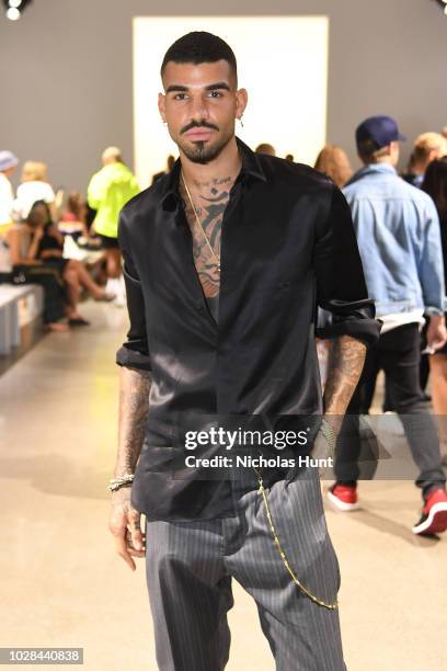Model Miles Brockman Richie attends the Matthew Adams Dolan front row during New York Fashion Week: The Shows at Gallery II at Spring Studios on...