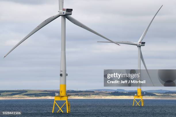 General view of The European Offshore Wind Deployment Centre located in Aberdeen Bay on September 7, 2018 in Aberdeen, Scotland. The European...