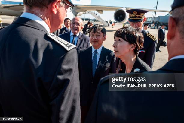 French Interior Minister Gerard Collomb , Prefect of Auvergne-Rhone-Alpes Stephane Bouillon and other officials welcome Japanese Crown Prince...