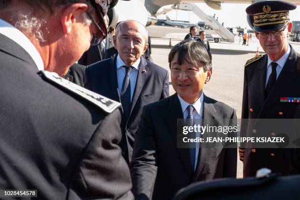 French Interior Minister Gerard Collomb , Prefect of Auvergne-Rhone-Alpes Stephane Bouillon and other officials welcome Japanese Crown Prince...