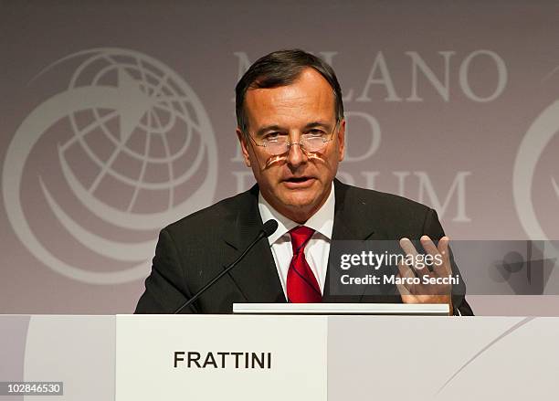 Italian Foreign Minister Franco Frattini gives the closing speech on the second day of the Med Forum 2010 on July 13, 2010 in Milan, Italy. The...