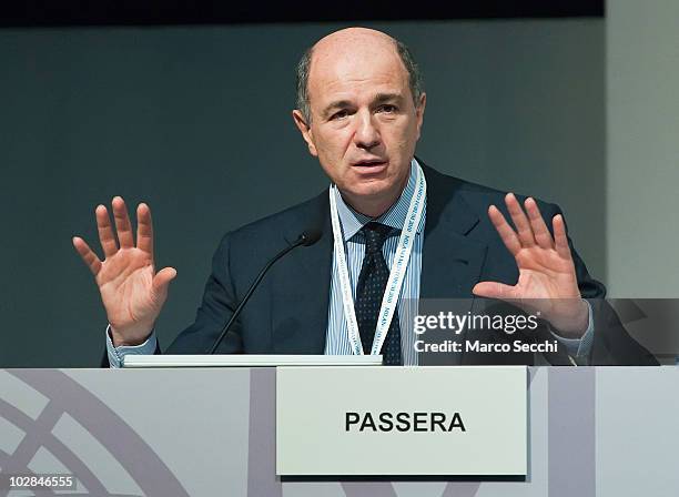 Corrado Passera speaks attends the second day of the Med Forum 2010 on July 13, 2010 in Milan, Italy. The Milano Med Forum is an economic and...