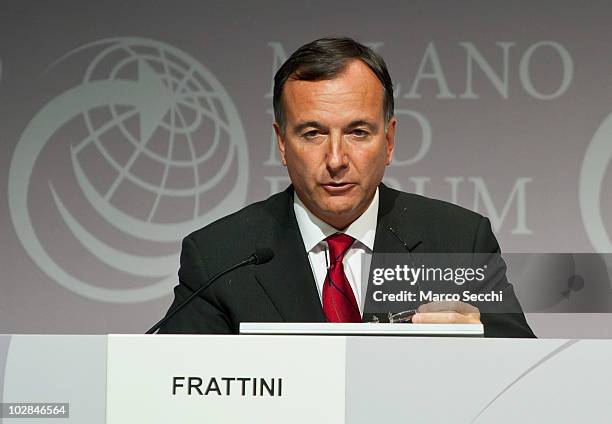 Italian Foreign Minister Franco Frattini gives the closing speech on the second day of the Med Forum 2010 on July 13, 2010 in Milan, Italy. The...