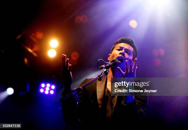 Dougy Mandagi of Australian indie rock band, The Temper Trap performs live on stage during the fifth night of the Summer Series at Somerset House on...