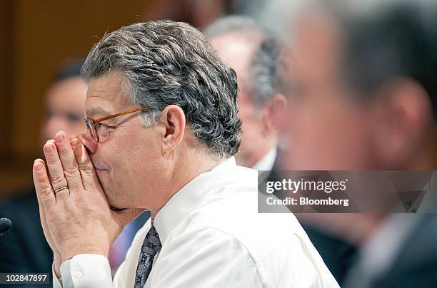 Senator Al Franken, a Democrat from Minneapolis, listens during a Senate Judiciary Committee business meeting in Washington, D.C., U.S., on Tuesday,...