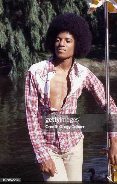 Michael Jackson of The Jacksons poses during a publicity photo shoot after being signed to Epic Records, at brother Jackie Jackson's home on August...