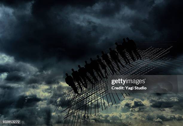 cloudy sky, 3d line object and a person's silhouet - silhouet stock illustrations