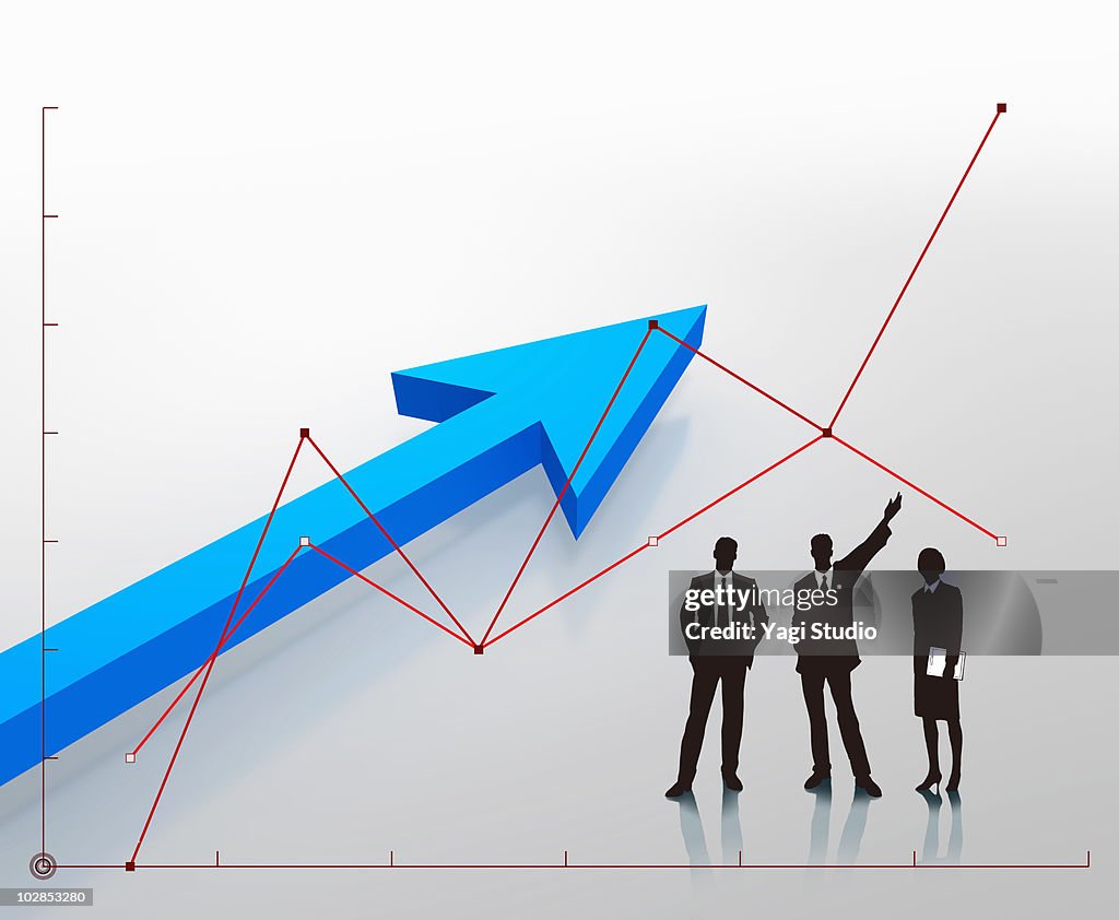 Arrow, line graph and the silhouette of the busine