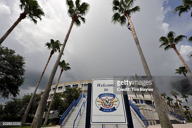 Sign welcoming fans outside of George M. Steinbrenner Field, after the death of George Steinbrenner on July 13, 2010 in Tampa, Florida. Steinbrenner...