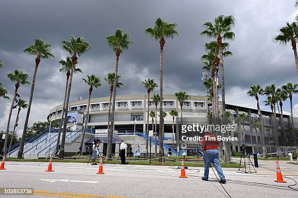 Television news crews set up outside of George M. Steinbrenner Field, after the death of George Steinbrenner on July 13, 2010 in Tampa, Florida....