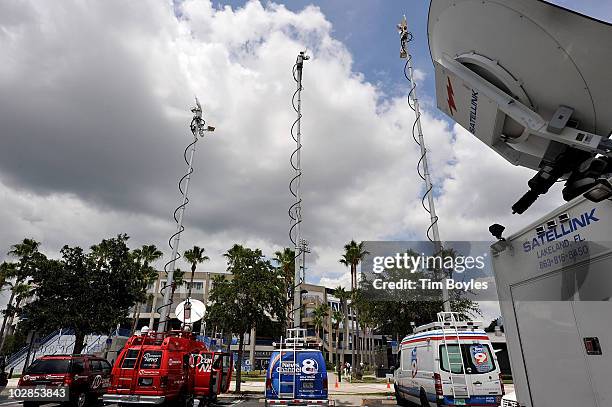 Television news vehicles park outside of George M. Steinbrenner Field, after the death of George Steinbrenner on July 13, 2010 in Tampa, Florida....