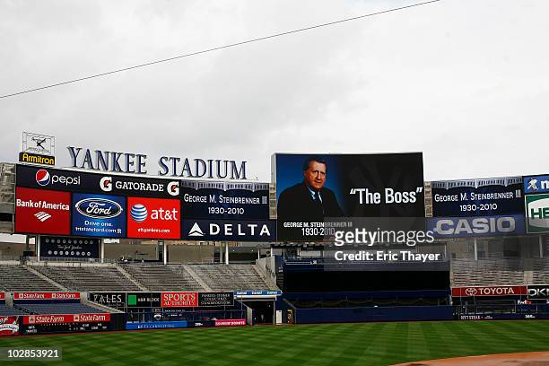 Memorial for former Yankee's Owner George Steinbrenner is displayed on the large screen July 13, 2010 at Yankee Stadium in the Bronx borough of New...