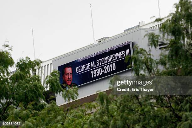 Memorial for George Steinbrenner is displayed on a screen July 13, 2010 at Yankee Stadium in the Bronx borough of New York City. Steinbrenner, long...