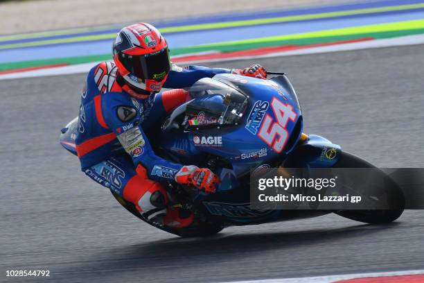 Mattia Pasini of Italy and Italtrans Racing rounds the bend during the MotoGP of San Marino - Free Practice at Misano World Circuit on September 7,...
