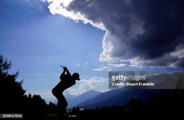 Paul Waring of England plays a shot during the second round of the Omega European Masters at Crans-sur-Sierre Golf Club on September 7, 2018 in...