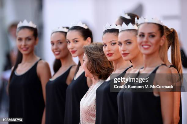 Finalists of the Miss Italia 2018 contest pose on the red carpet ahead of the "Killing " screening during the 75th Venice Film Festival at Sala...