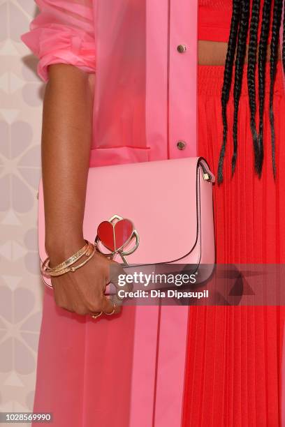 Shiona Turini, bag detail, attends the Kate Spade New York Fashion Show during New York Fashion Week at New York Public Library on September 7, 2018...