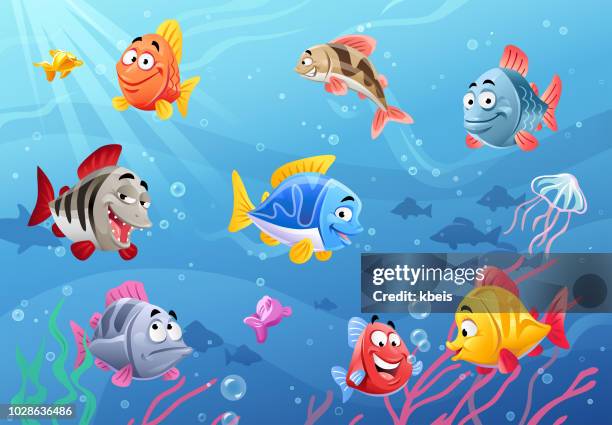 illustrations, cliparts, dessins animés et icônes de sea life - happy fish - au fond de l'océan