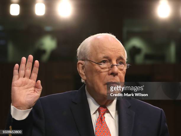 John Dean, former White House counsel to President Nixon, is sworn in during a hearing on the nomination of federal appeals court judge Brett...