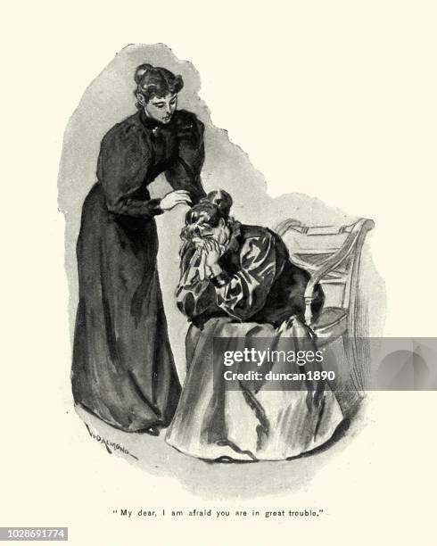 young victorian woman consoling her crying friend 1890s - victorian woman stock illustrations