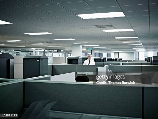 mature businessman standing alone in cubicle - office cubicle stock-fotos und bilder