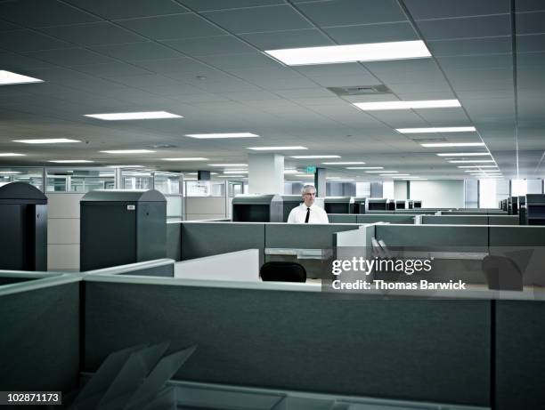 mature businessman standing alone in cubicle - cubicle photos et images de collection