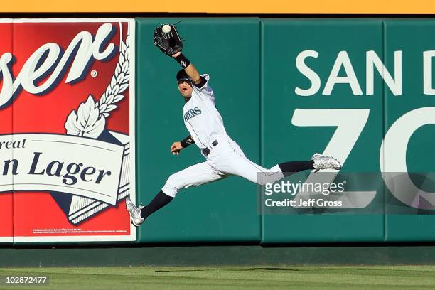 American League All-Star Ichiro Suzuki of the Seattle Mariners make s acatch during the 81st MLB All-Star Game at Angel Stadium of Anaheim on July...
