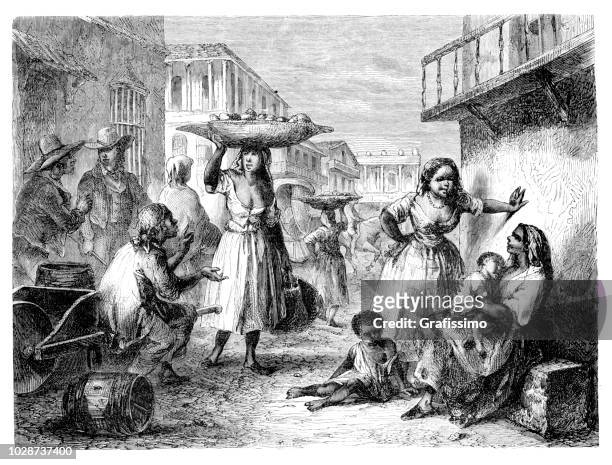 stockillustraties, clipart, cartoons en iconen met cuba-havana mensen in de straat van centrum oud havana illustratie - 1860