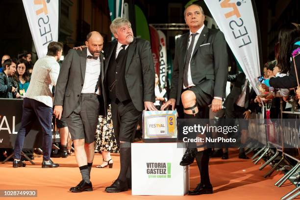 Javier Cansado, Javier Coronas and Pepe Colubi attends to orange carpet of new comedian schedule of during FestVal in Vitoria, Spain. September 06,...