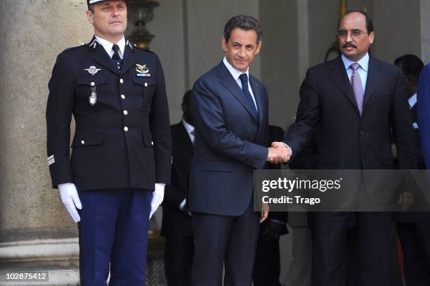 French President Nicolas Sarkozy welcomes President of Mauritania Mohamed Ould Abdel Aziz at the Elysee Palace on July 13, 2010 in Paris, France....