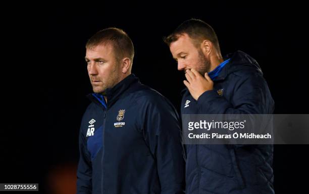 Dublin , Ireland - 7 September 2018; Waterford manager Alan Reynolds, left, and assistant manager Noel Hunt at half-time during the Irish Daily Mail...