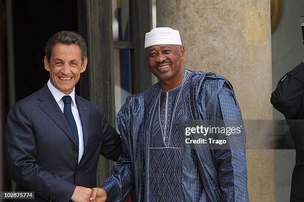 French President Nicolas Sarkozy welcomes the president of Mali Amadou Toumani Toure at the Elysee Palace on July 13, 2010 in Paris, France. Fifty...