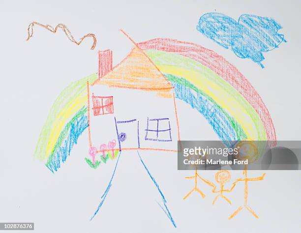 crayon drawing of family and home with rainbow - kids painting stock illustrations