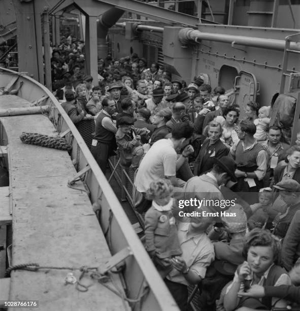 Passengers arriving at Ellis Island on board the USS General R. M. Blatchford, which has brought displaced persons from postwar Europe to the USA,...