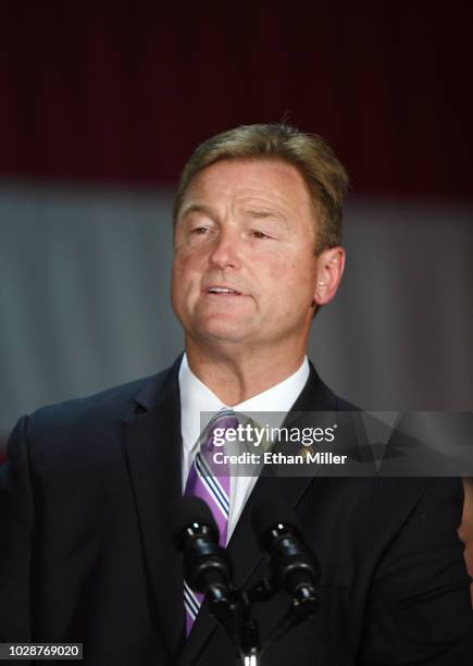 Sen. Dean Heller speaks as he introduces U.S. Vice President Mike Pence at Nellis Air Force Base on September 7, 2018 in Las Vegas, Nevada. Pence is...