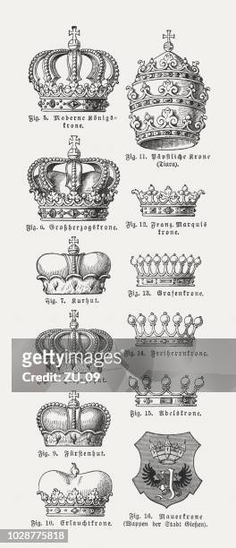 verschiedene formen von kronen, holzschnitte, veröffentlicht im jahre 1897 - papal tiara stock-grafiken, -clipart, -cartoons und -symbole