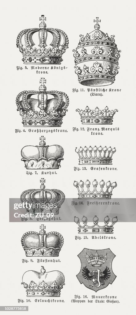 Verschillende vormen van kronen, houtsnijwerk, gepubliceerd in 1897