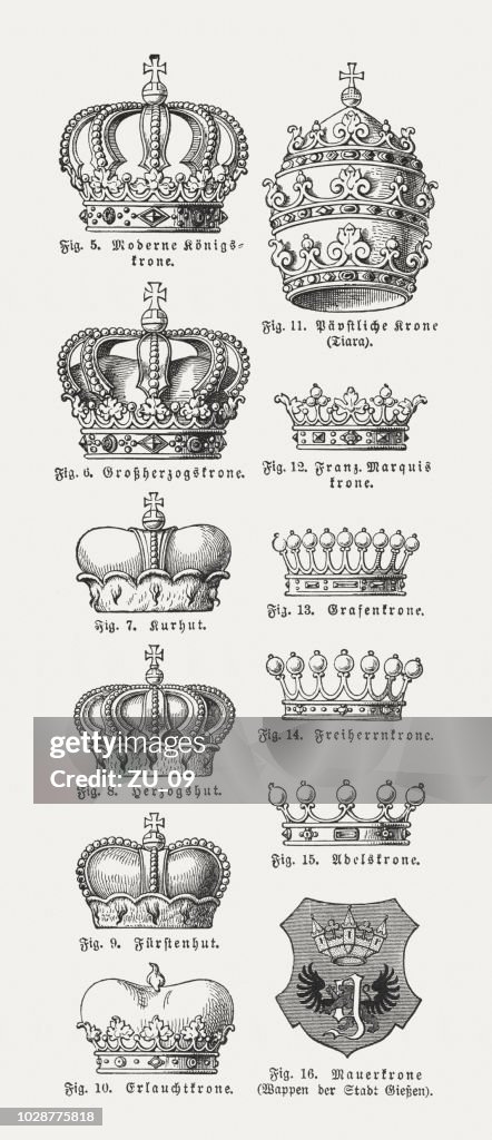 Different forms of crowns, wood engravings, published in 1897