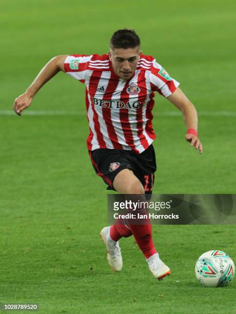 Lynden Gooch of Sunderland during the Carabao Cup First Round between Sunderland and Sheffield Wednesday at Stadium of Light on August 16, 2018 in...