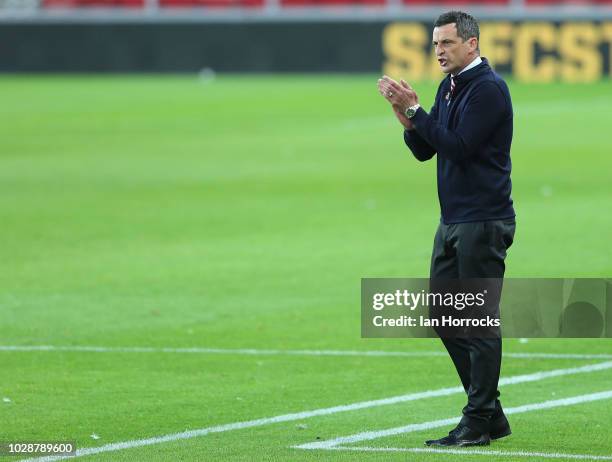 Sunderland manager Jack Ross during the Carabao Cup First Round between Sunderland and Sheffield Wednesday at Stadium of Light on August 16, 2018 in...