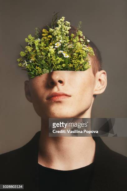 collage with male portrait and flowers - creative destruction stock pictures, royalty-free photos & images