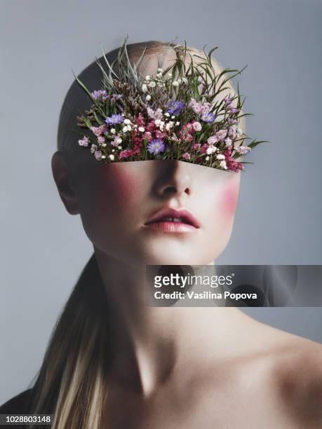 collage with female portrait and flowers - fantasy female photos et images de collection