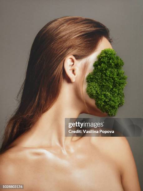 collage with female portrait and green plant - illustration erleuchtung frau stock-fotos und bilder