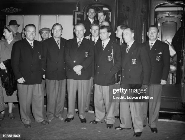 The British Ryder Cup team leave Waterloo Station in London for the United States, 16th October 1951. They are taking the boat train to the 'Queen...