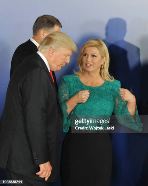 President Donald Trump and Croatian President Kolinda Grabar-Kitarovic during Three Seas Initiative Summit at Warsaw Royal Castle, Poland on July...