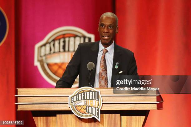 Naismith Memorial Basketball Hall of Fame Class of 2018 enshrinee Charlie Scott speaks during the 2018 Basketball Hall of Fame Enshrinement Ceremony...