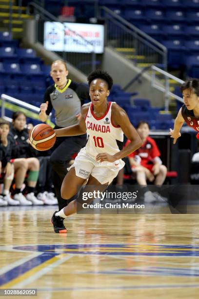 Nirra Fields of the Canada National Team handles the ball against the Japan National Team on September 7, 2018 at the Webster Bank Arena in...